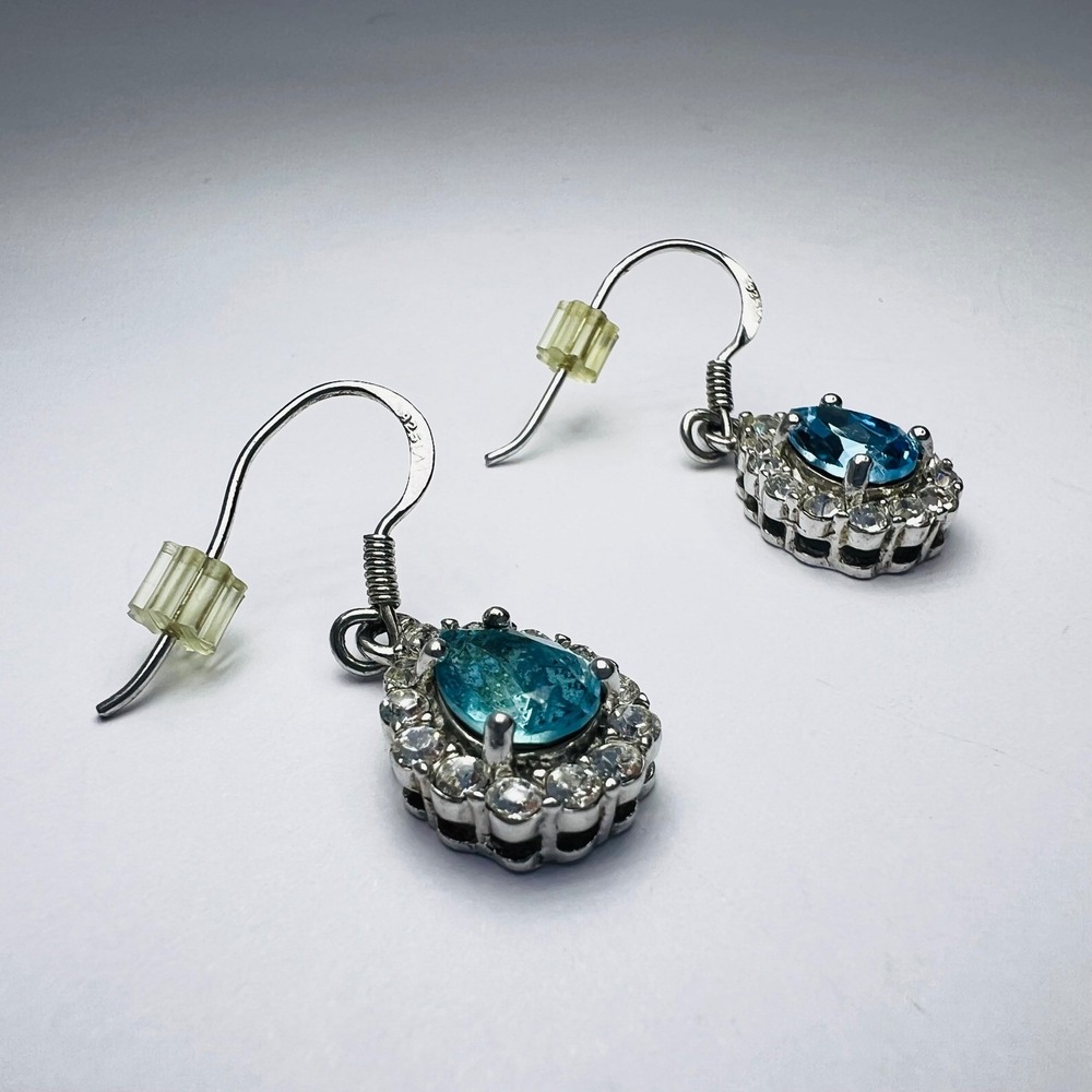 Sterling Silver Rhinestone Dangle Earrings CZ‎ Blue Topaz Teardrop Pierced